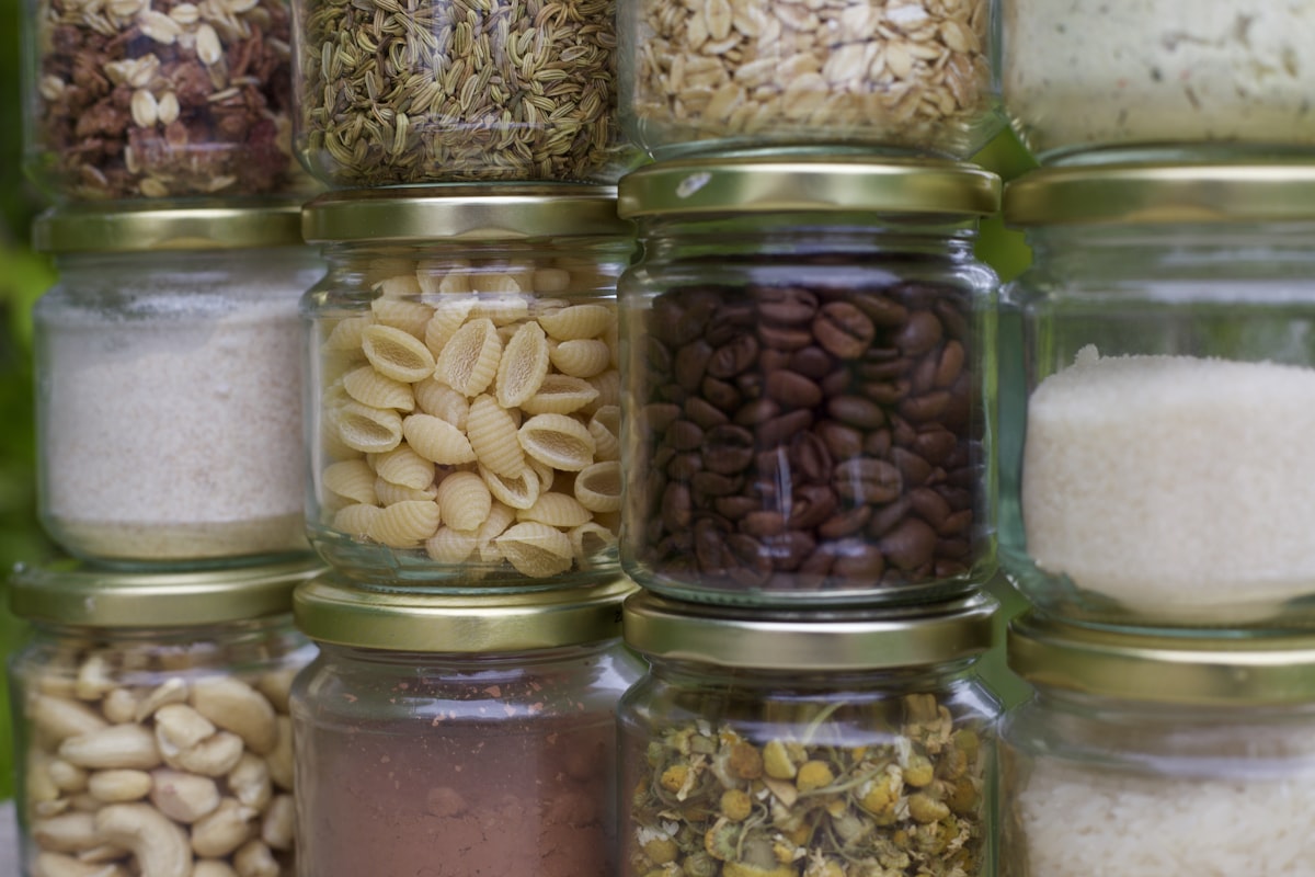 Shelves stocked with canned goods, peanut butter, rice, and emergency food supplies